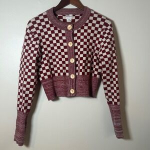 Find Me Now Checkerboard Cardigan Maroon Cream Knit Button Up‎ Cropped M